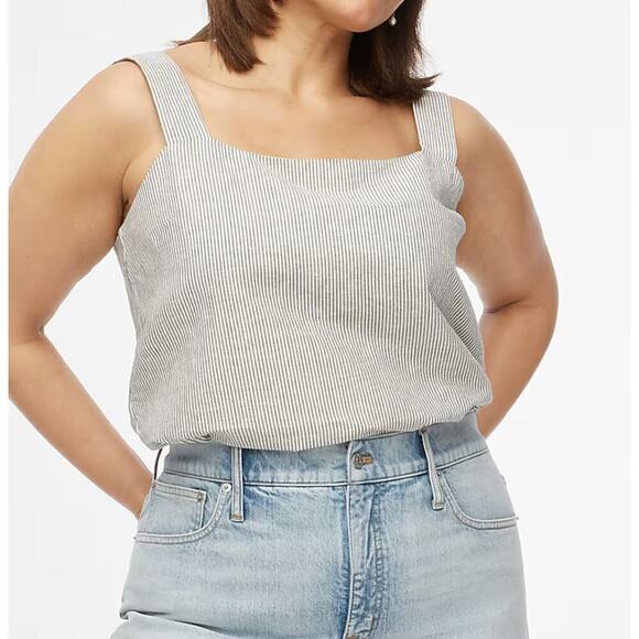 NWT J.Crew Striped Linen Blend Square Neck Tank Top Black White Size Medium - Picture 1 of 8